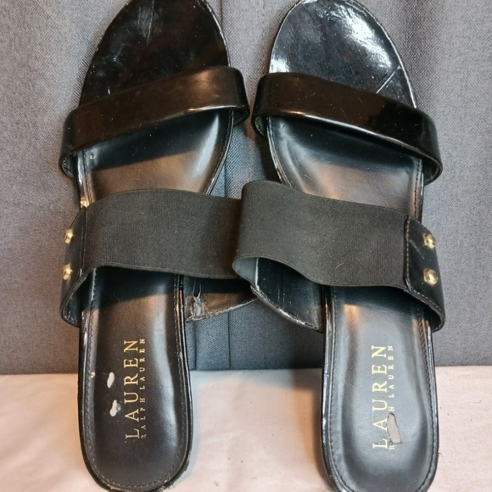 Lauren Ralph Lauren Black Patent Wedge Sandals Gold Accents Size 9B